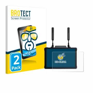 Front side of a product packaging with the brand logo BROTECT. Next to it is the device Hollyland Pyro 7 shown with the corres