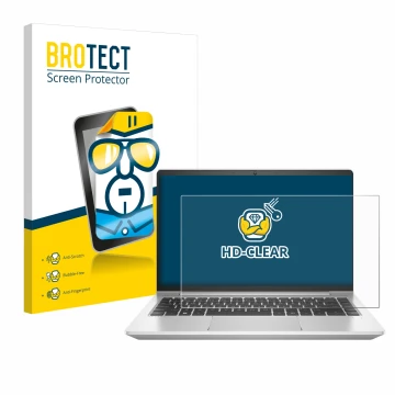 Front side of a product packaging with the brand logo BROTECT. Next to it is the device HP ProBook 445 G9 shown with the corre