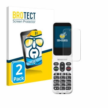 Front side of a product packaging with the brand logo BROTECT. Next to it is the device Doro Leva L30 shown with the correspon