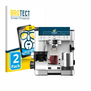 Front side of a product packaging with the brand logo BROTECT. Next to it is the device Ninja Luxe Cafe Premier ES601EU shown 