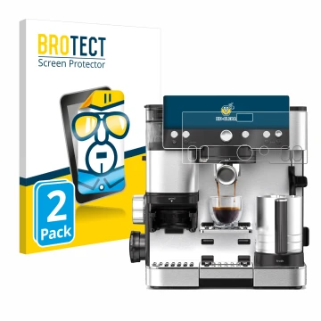 Front side of a product packaging with the brand logo BROTECT. Next to it is the device Ninja Luxe Cafe Essential shown with t