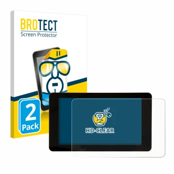 Front side of a product packaging with the brand logo BROTECT. Next to it is the device Raspberry Pi Touchscreen 2 (7