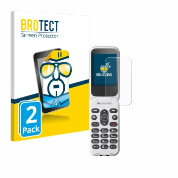 Front side of a product packaging with the brand logo BROTECT. Next to it is the device Doro 2820 shown with the corresponding
