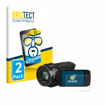 Front side of a product packaging with the brand logo BROTECT. Next to it is the device Panasonic HC-VX3 shown with the corres