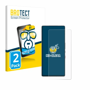Front side of a product packaging with the brand logo BROTECT. Next to it is the device ZTE Nubia Red Magic 10 Pro shown with 