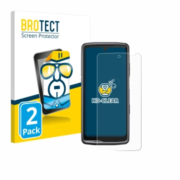 Front side of a product packaging with the brand logo BROTECT. Next to it is the device Crosscall Stellar M6 shown with the co