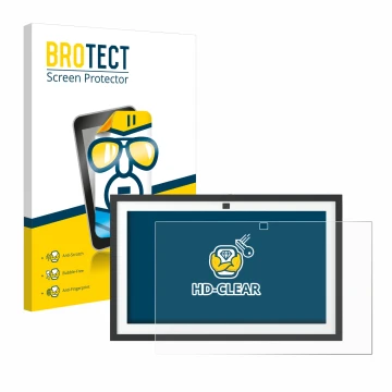 Front side of a product packaging with the brand logo BROTECT. Next to it is the device Amazon Echo Show 15 2024 shown with th