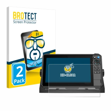 Front side of a product packaging with the brand logo BROTECT. Next to it is the device Lowrance HDS-9 Pro shown with the corr