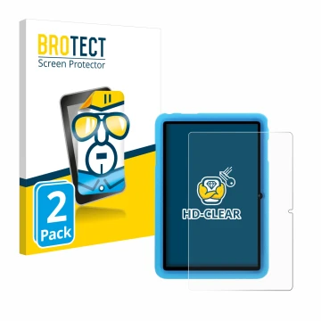 Front side of a product packaging with the brand logo BROTECT. Next to it is the device Blackview Tab 8 Kids shown with the co