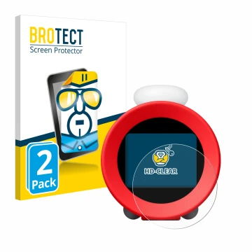 Front side of a product packaging with the brand logo BROTECT. Next to it is the device Nintendo Sound Clock Alarmo shown with