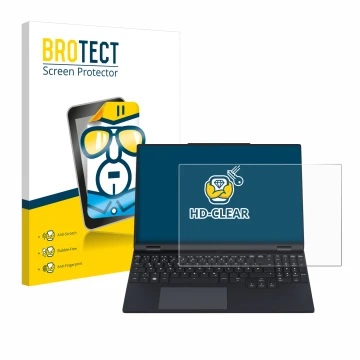 Front side of a product packaging with the brand logo BROTECT. Next to it is the device Tuxedo InfinityBook Pro 15 Gen 9 shown