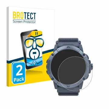 Front side of a product packaging with the brand logo BROTECT. Next to it is the device Coros Vertix 2S shown with the corresp