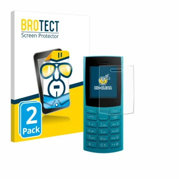 Front side of a product packaging with the brand logo BROTECT. Next to it is the device Nokia 105 4G 2nd Edition shown with th