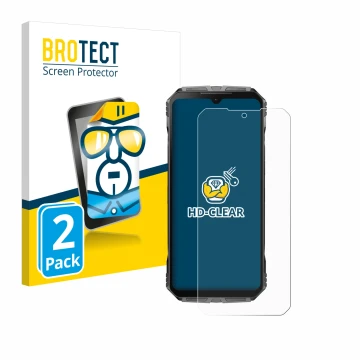 Front side of a product packaging with the brand logo BROTECT. Next to it is the device Doogee S Cyber shown with the correspo