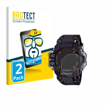 Front side of a product packaging with the brand logo BROTECT. Next to it is the device Casio G-Shock GPR-H 1000 shown with th