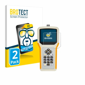 Front side of a product packaging with the brand logo BROTECT. Next to it is the device RigExpert AA-55 Zoom shown with the co