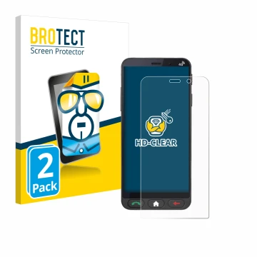 Front side of a product packaging with the brand logo BROTECT. Next to it is the device Brondi Amico Vero 4G shown with the co