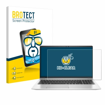 Front side of a product packaging with the brand logo BROTECT. Next to it is the device HP EliteBook 650 G10 shown with the co
