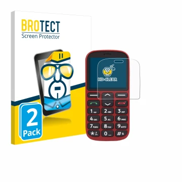 Front side of a product packaging with the brand logo BROTECT. Next to it is the device Doro 1360 shown with the corresponding