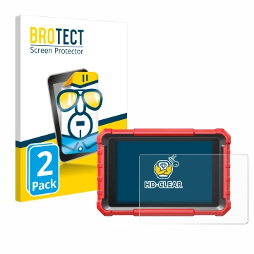 Front side of a product packaging with the brand logo BROTECT. Next to it is the device Launch X-431 PROS Elite Pro 5 shown wi