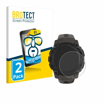 Front side of a product packaging with the brand logo BROTECT. Next to it is the device Garmin Instinct E (40 mm) shown with t