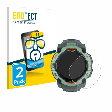 Front side of a product packaging with the brand logo BROTECT. Next to it is the device Garmin Instinct 3 AMOLED (50 mm) shown