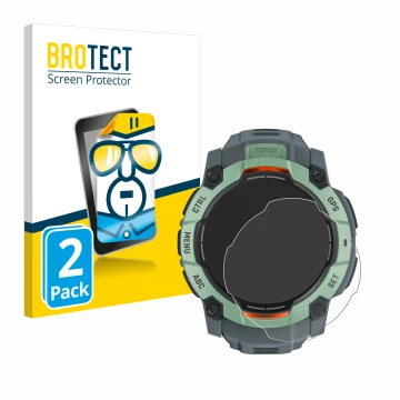Front side of a product packaging with the brand logo BROTECT. Next to it is the device Garmin Instinct 3 AMOLED (45 mm) shown