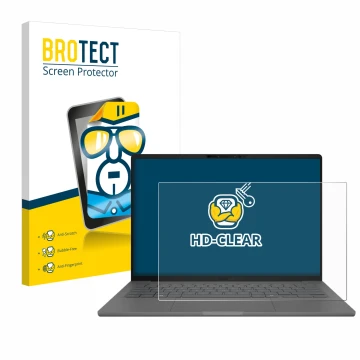 Front side of a product packaging with the brand logo BROTECT. Next to it is the device ASUS ZenBook A14 UX3407 shown with the