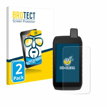 Front side of a product packaging with the brand logo BROTECT. Next to it is the device Garmin Montana 710 shown with the corr