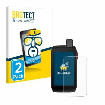 Front side of a product packaging with the brand logo BROTECT. Next to it is the device Garmin Montana 710i shown with the cor