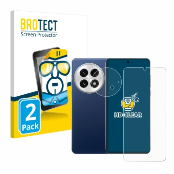 Front side of a product packaging with the brand logo BROTECT. Next to it is the device OnePlus 13 (Front+Camera) shown with t