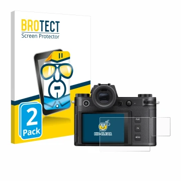 Front side of a product packaging with the brand logo BROTECT. Next to it is the device Leica SL3-S (Display + top plate displ