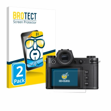 Front side of a product packaging with the brand logo BROTECT. Next to it is the device Leica SL3-S shown with the correspondi