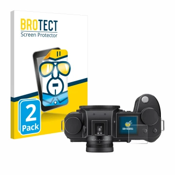 Front side of a product packaging with the brand logo BROTECT. Next to it is the device Leica SL3-S (top plate display) shown 