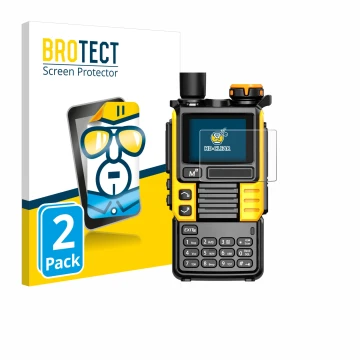 Front side of a product packaging with the brand logo BROTECT. Next to it is the device Quansheng UV-K5 (99) shown with the co