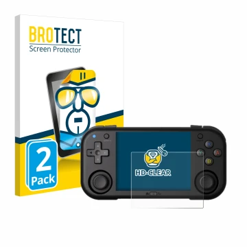 Front side of a product packaging with the brand logo BROTECT. Next to it is the device Magicx Mini Zero 28 shown with the cor