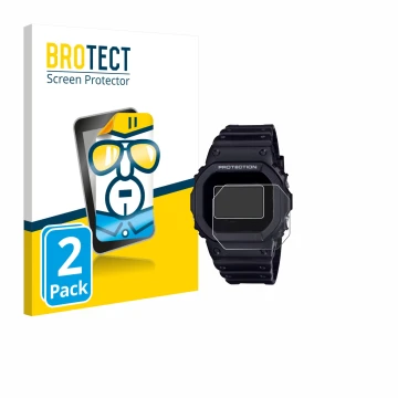 Front side of a product packaging with the brand logo BROTECT. Next to it is the device Casio G-Shock DW-5600RL-1 shown with t