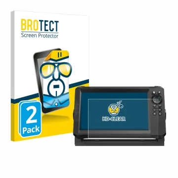 Front side of a product packaging with the brand logo BROTECT. Next to it is the device Lowrance Eagle 9 shown with the corres