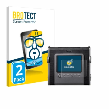 Front side of a product packaging with the brand logo BROTECT. Next to it is the device Fujifilm Instax Wide Evo shown with th