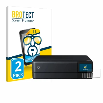 Front side of a product packaging with the brand logo BROTECT. Next to it is the device Epson EcoTank ET-8550 shown with the c