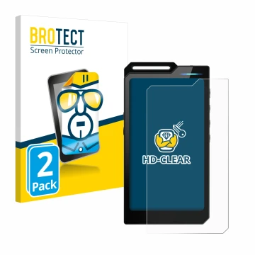 Front side of a product packaging with the brand logo BROTECT. Next to it is the device Hiby R4 shown with the corresponding s