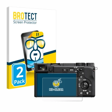 Front side of a product packaging with the brand logo BROTECT. Next to it is the device Sony Alpha 6100A shown with the corres
