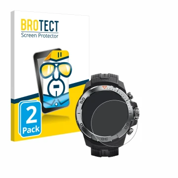 Front side of a product packaging with the brand logo BROTECT. Next to it is the device Xiaomi Mibro GS Explorer shown with th