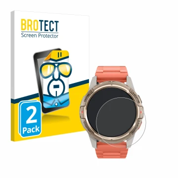 Front side of a product packaging with the brand logo BROTECT. Next to it is the device Xiaomi Mibro GS Active shown with the 