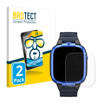 Front side of a product packaging with the brand logo BROTECT. Next to it is the device Xiaomi Mibro Kids Z3 shown with the co