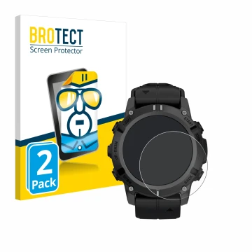 Front side of a product packaging with the brand logo BROTECT. Next to it is the device Garmin Descent G2 shown with the corre