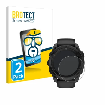 Front side of a product packaging with the brand logo BROTECT. Next to it is the device Garmin Tactix 8 AMOLED (51 mm) shown w