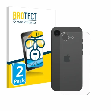 Front side of a product packaging with the brand logo BROTECT. Next to it is the device Apple iPhone 16e (Back) shown with the