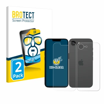 Front side of a product packaging with the brand logo BROTECT. Next to it is the device Apple iPhone 16e (Front+Back) shown wi