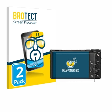 Front side of a product packaging with the brand logo BROTECT. Next to it is the device Sony Cyber-Shot DSC-RX100 VIIA shown w